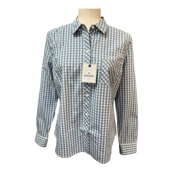 UNTUCKIT Womens Crispo Gingham Checkered Button Down Top~Size 6~Blue White - Picture 2 of 11